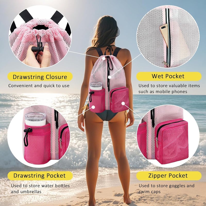 HOPSOOKEN Swim Bag Mesh Beach Backpack for Womem Men Waterproof Drawstring Backpack with Wet Pocket for Swimming Gym Pool - Image 3